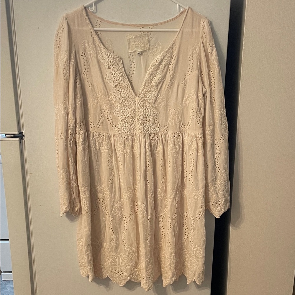 Johnny Was Medium Cream Silk Velvet Eyelet Cottage Fairycore Garden Floral Dress